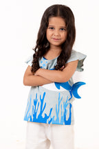 Crew Neck With Normal Print And Fabric Patch Blue