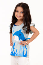 Crew Neck With Normal Print And Fabric Patch Blue