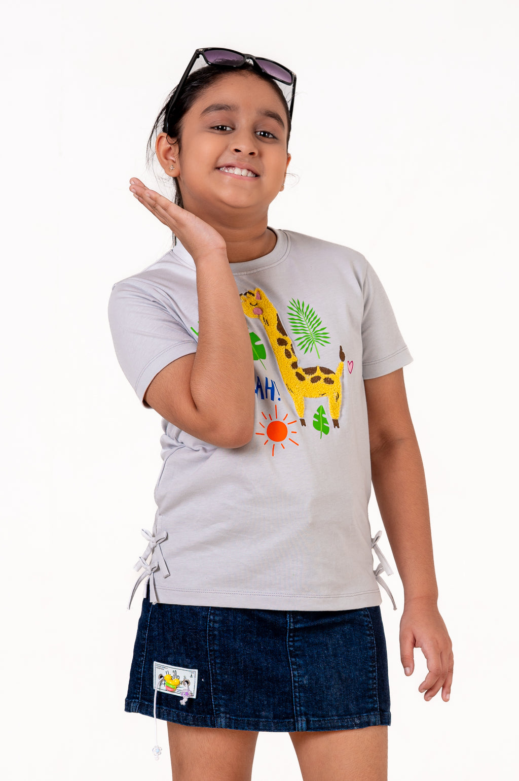 Crew Neck With Chennile Emb And Bow Sky Blue