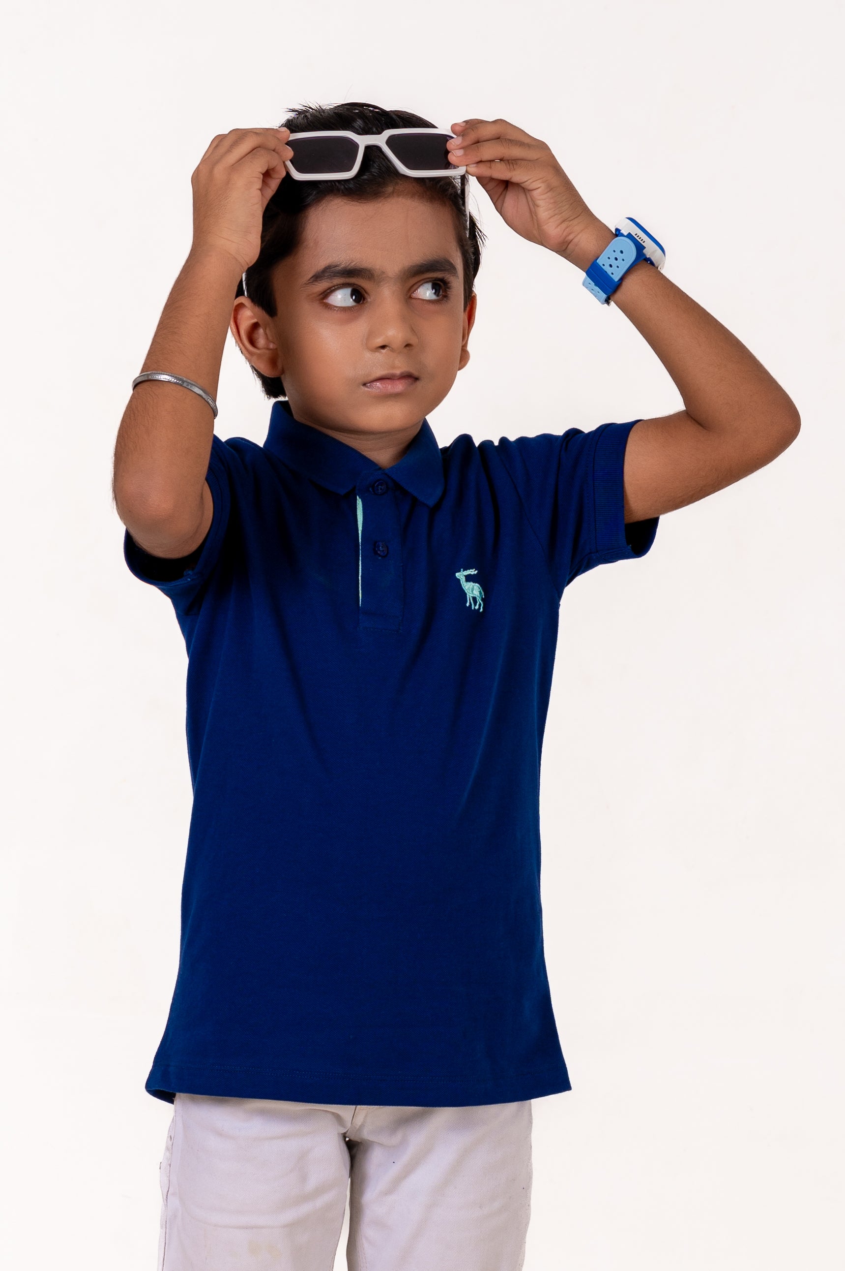 Polo With Contrast Placket And Emb Navy