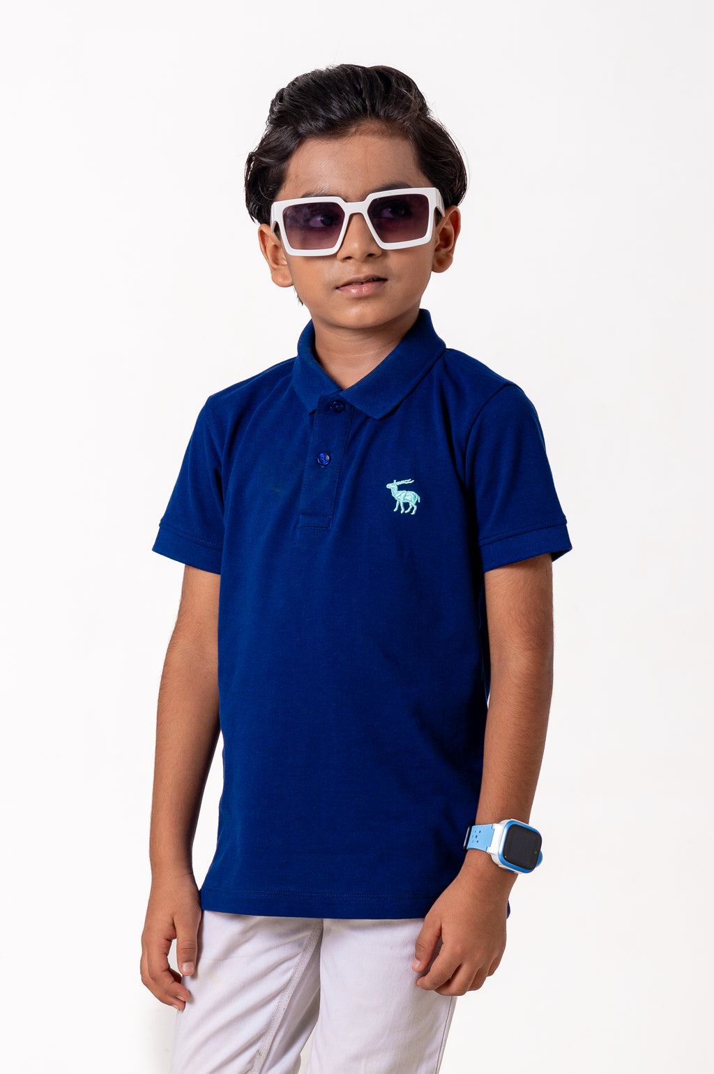 Polo With Contrast Placket And Emb Navy