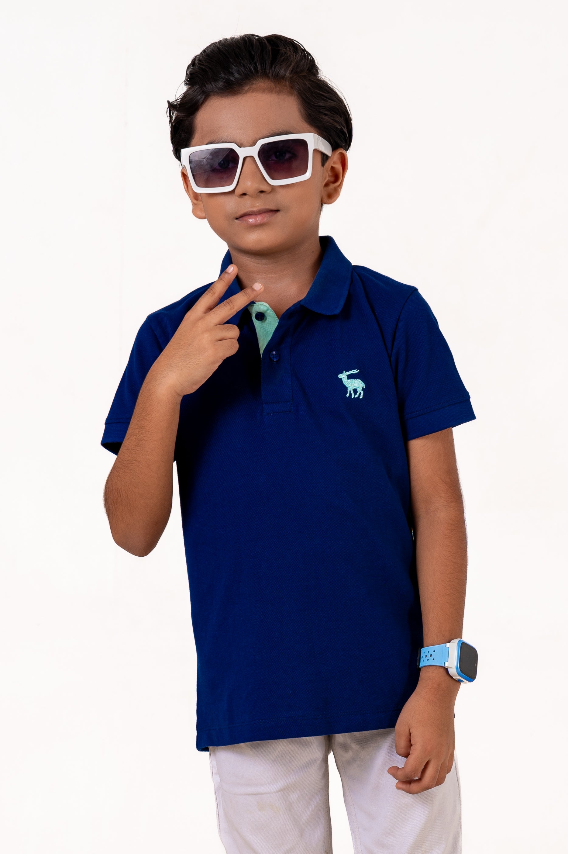 Polo With Contrast Placket And Emb Navy