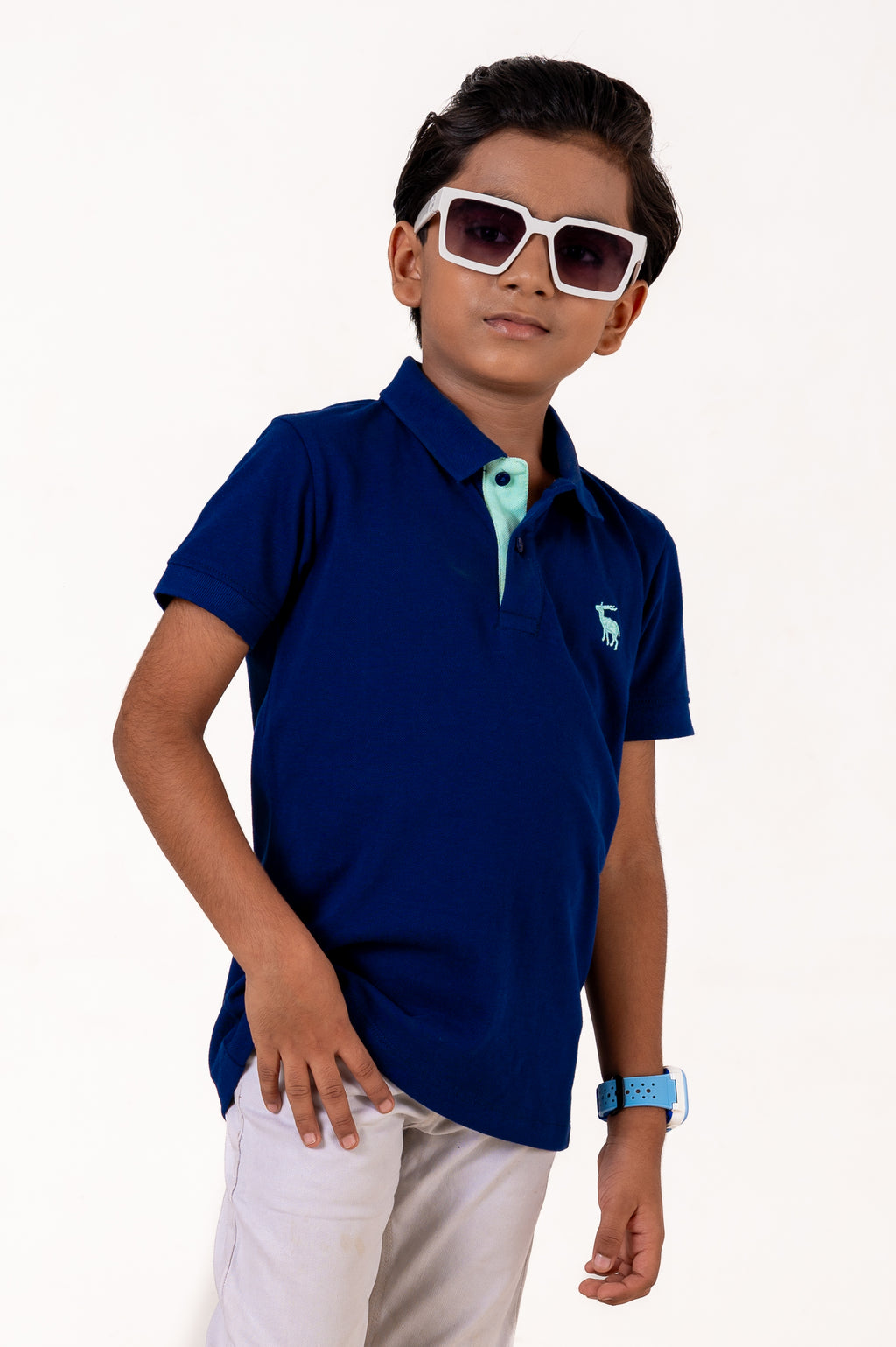 Polo With Contrast Placket And Emb Navy