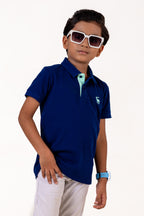 Polo With Contrast Placket And Emb Navy