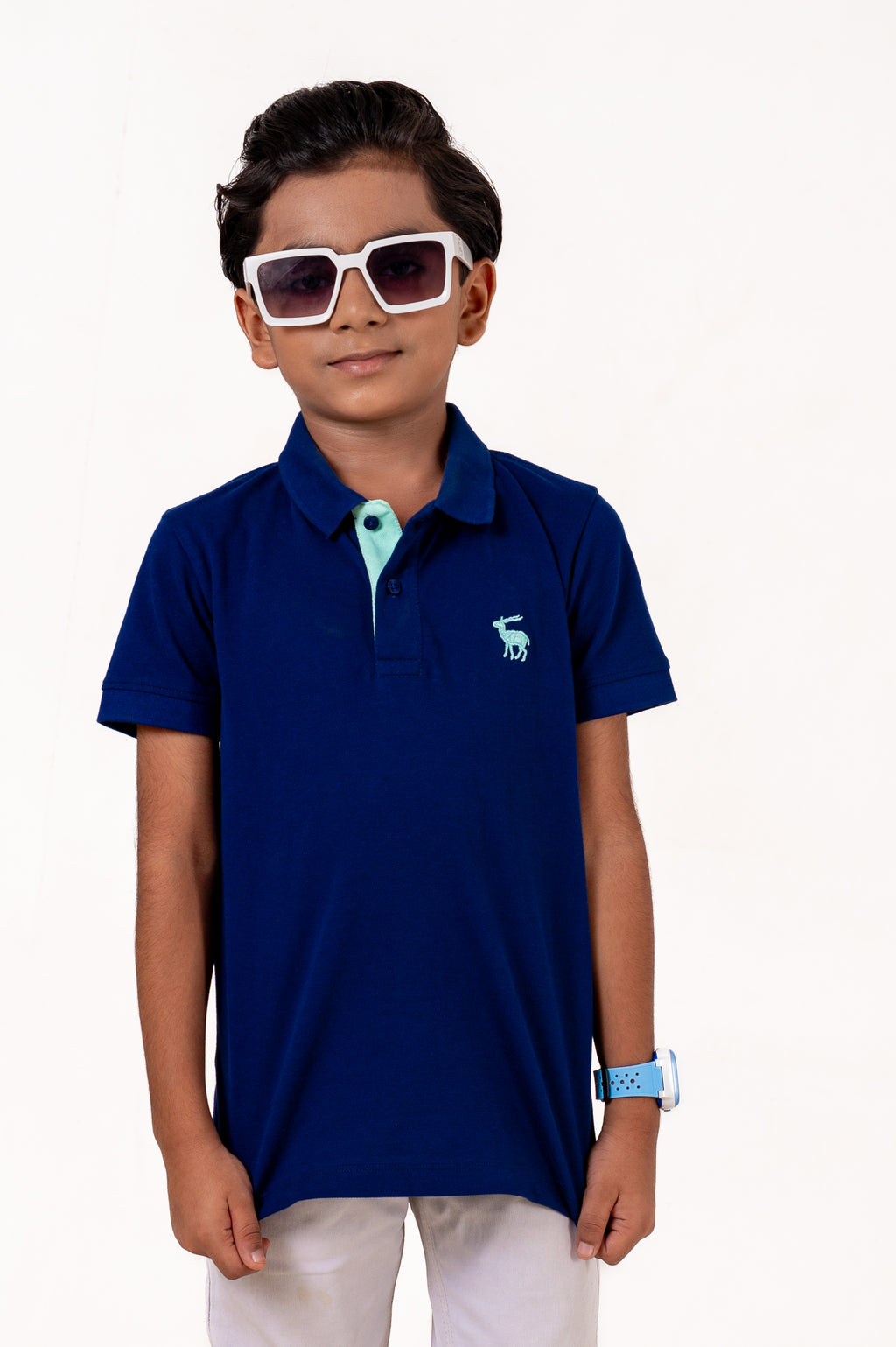 Polo With Contrast Placket And Emb Navy