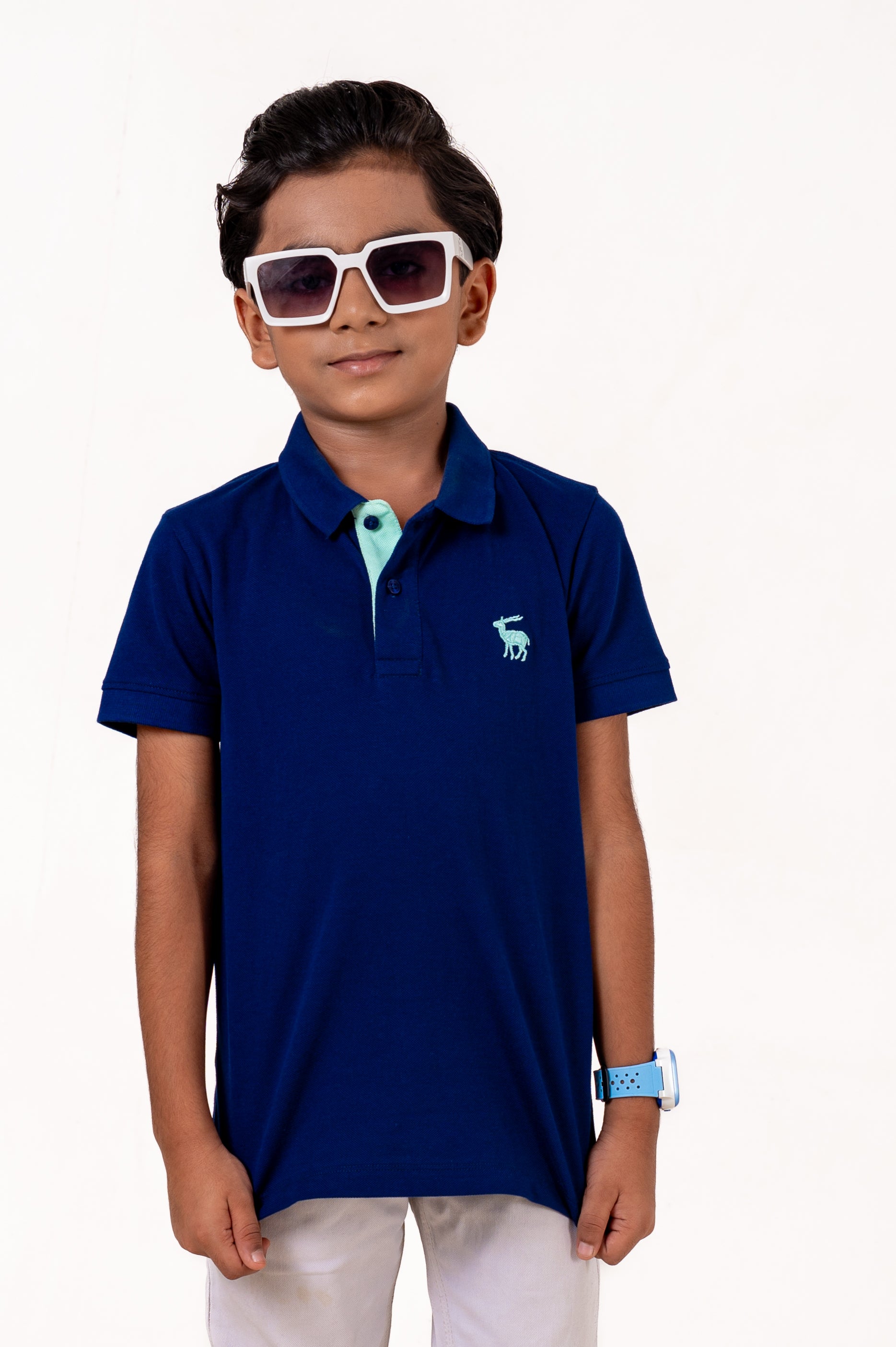 Polo With Contrast Placket And Emb Navy