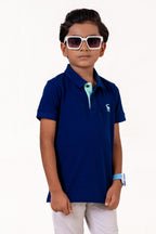 Polo With Contrast Placket And Emb Navy