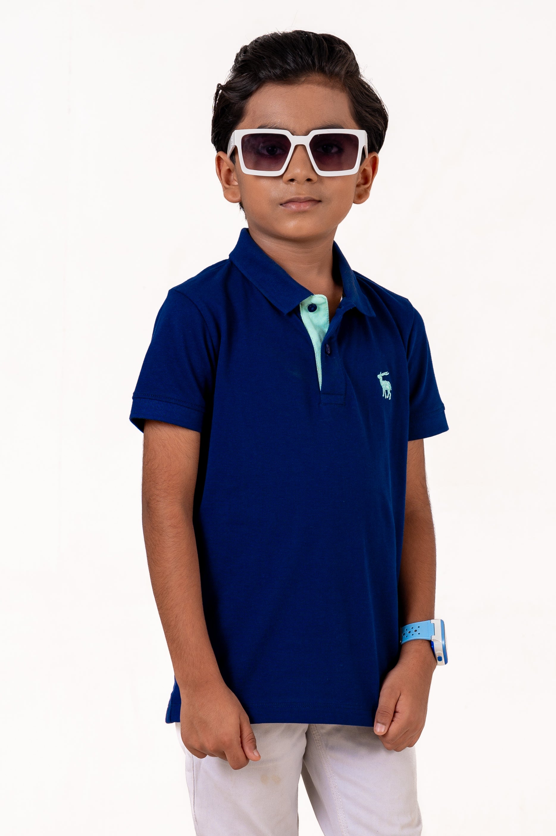 Polo With Contrast Placket And Emb Navy