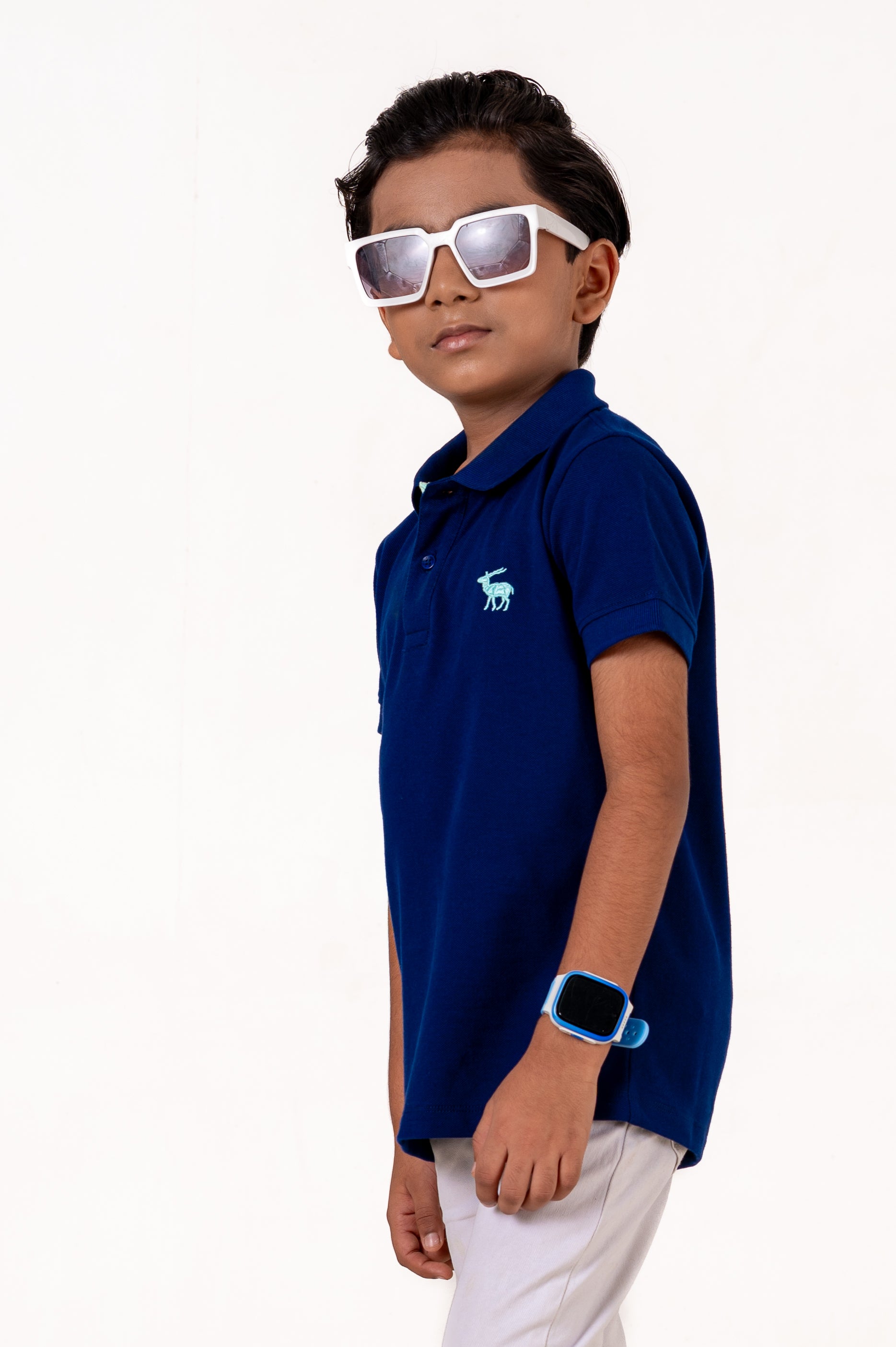 Polo With Contrast Placket And Emb Navy