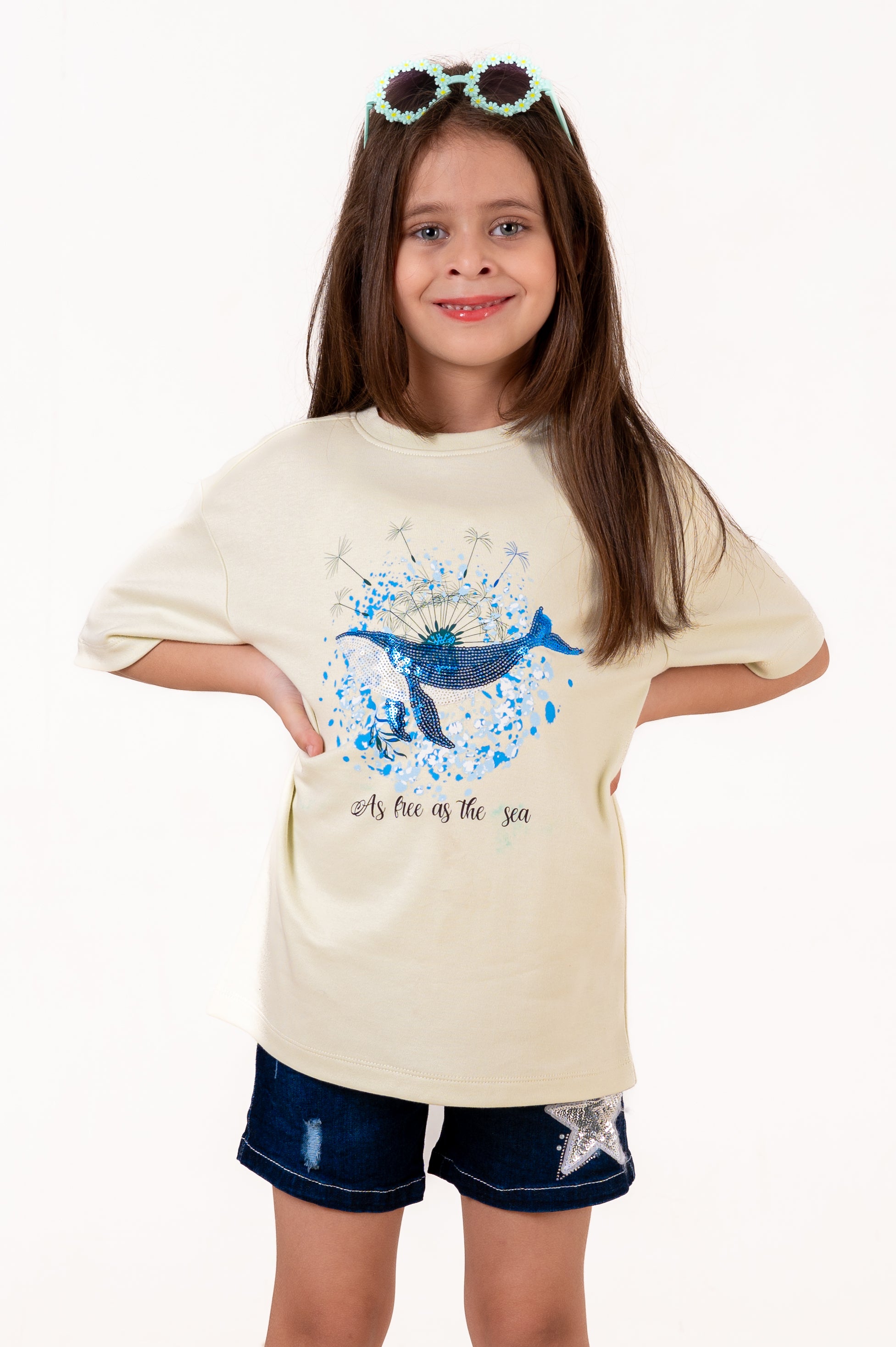 Crew Neck With Normal Print And Sequence Cream