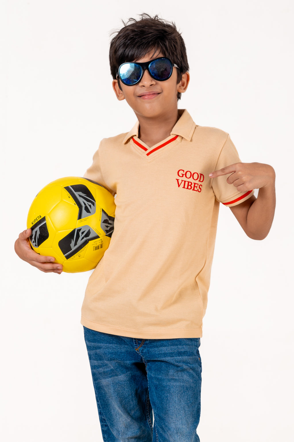 V Neckpolo With Tipping Placket And Cuff With Emb Cream