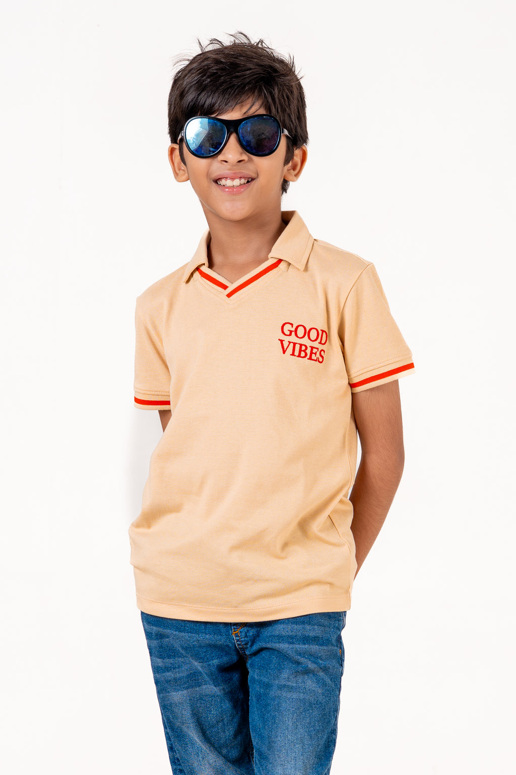 V Neckpolo With Tipping Placket And Cuff With Emb Cream