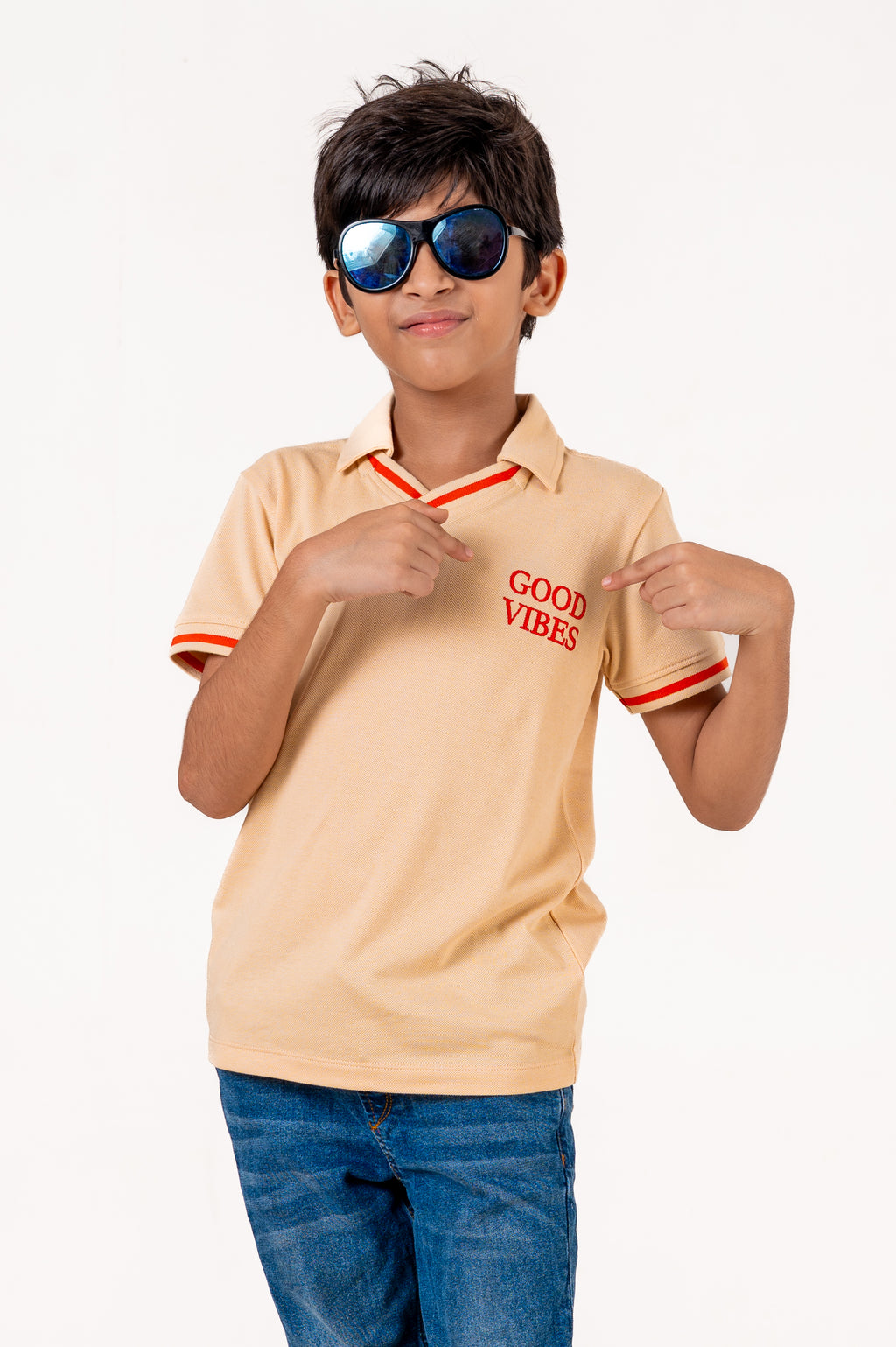 V Neckpolo With Tipping Placket And Cuff With Emb Cream