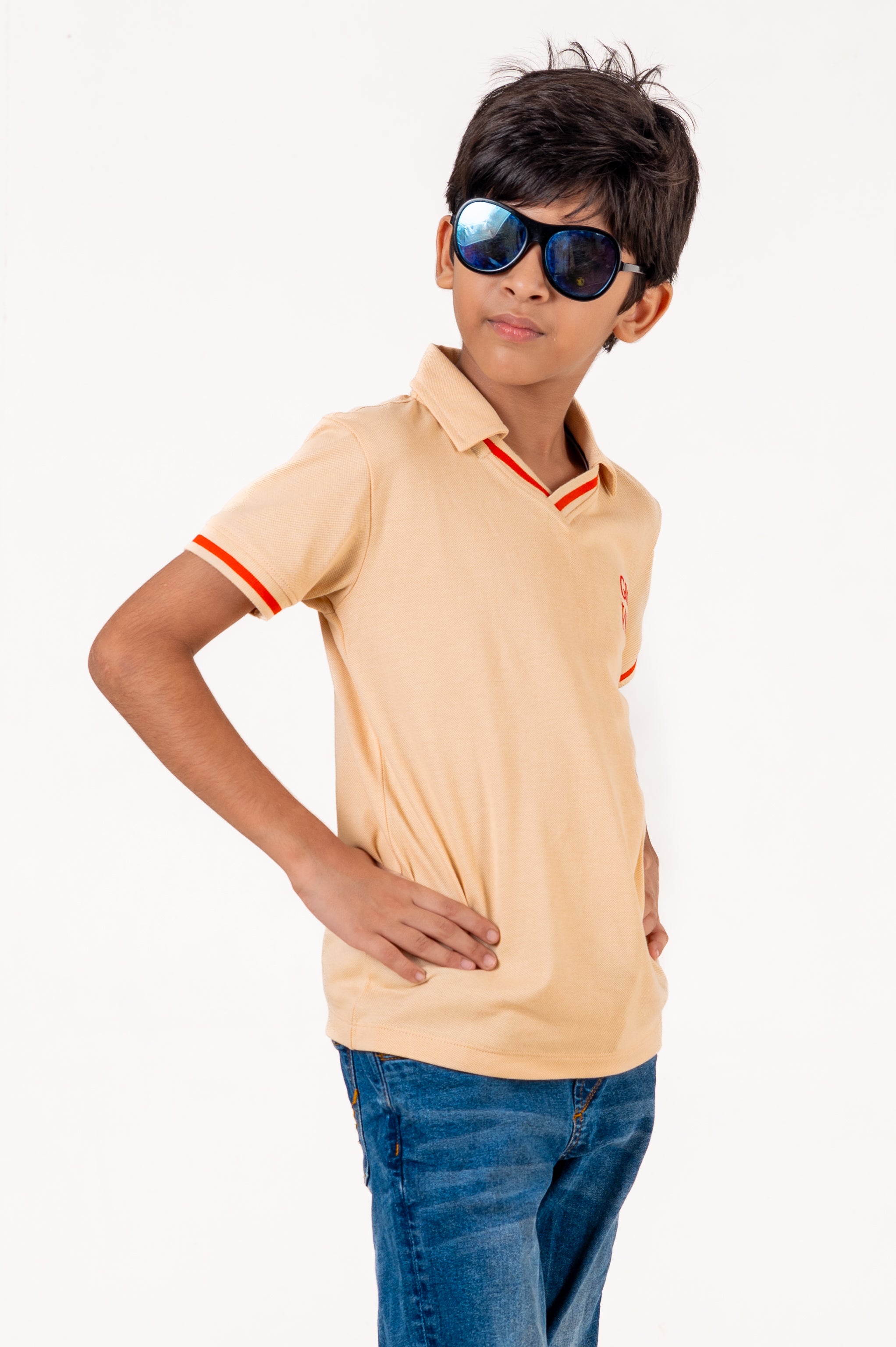 V Neckpolo With Tipping Placket And Cuff With Emb Cream