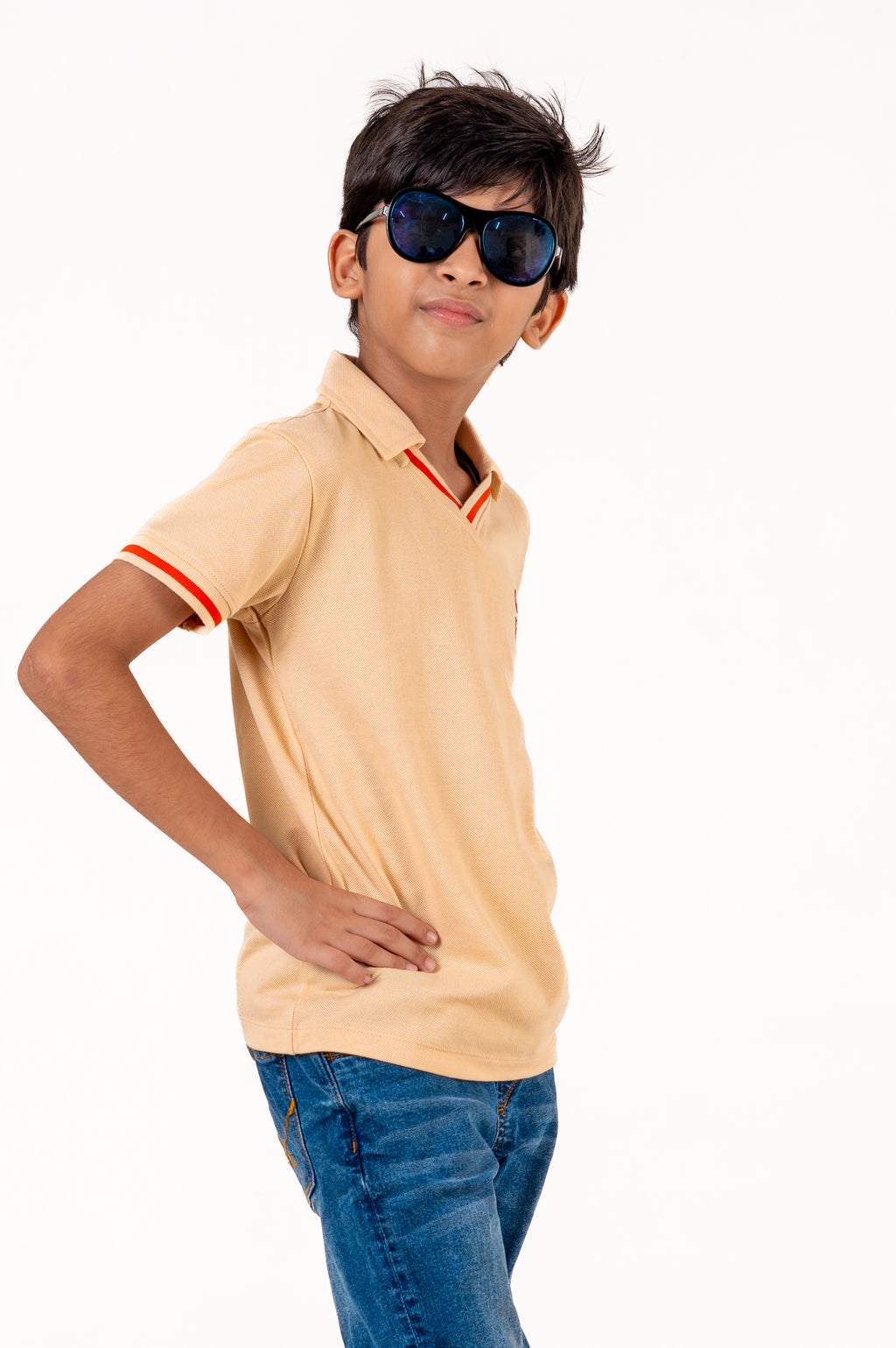 V Neckpolo With Tipping Placket And Cuff With Emb Cream