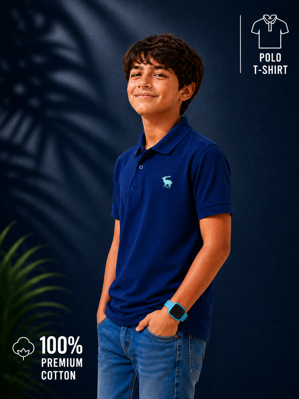 Polo With Contrast Placket And Emb Navy