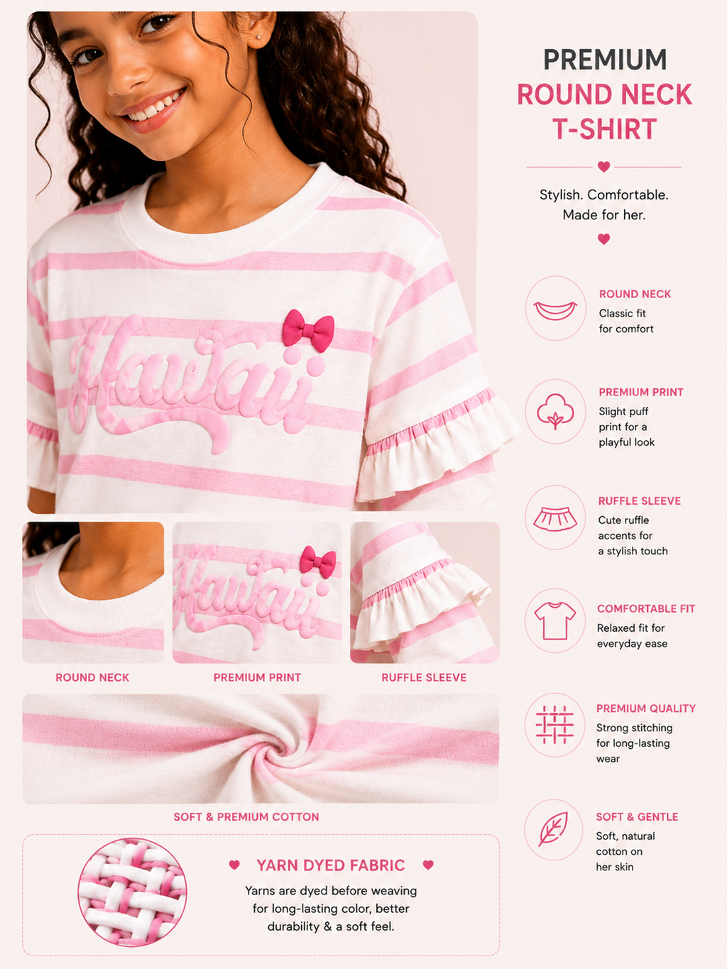 Organic Cotton Crew Neck Y/D With Firel And Puff Print Pink