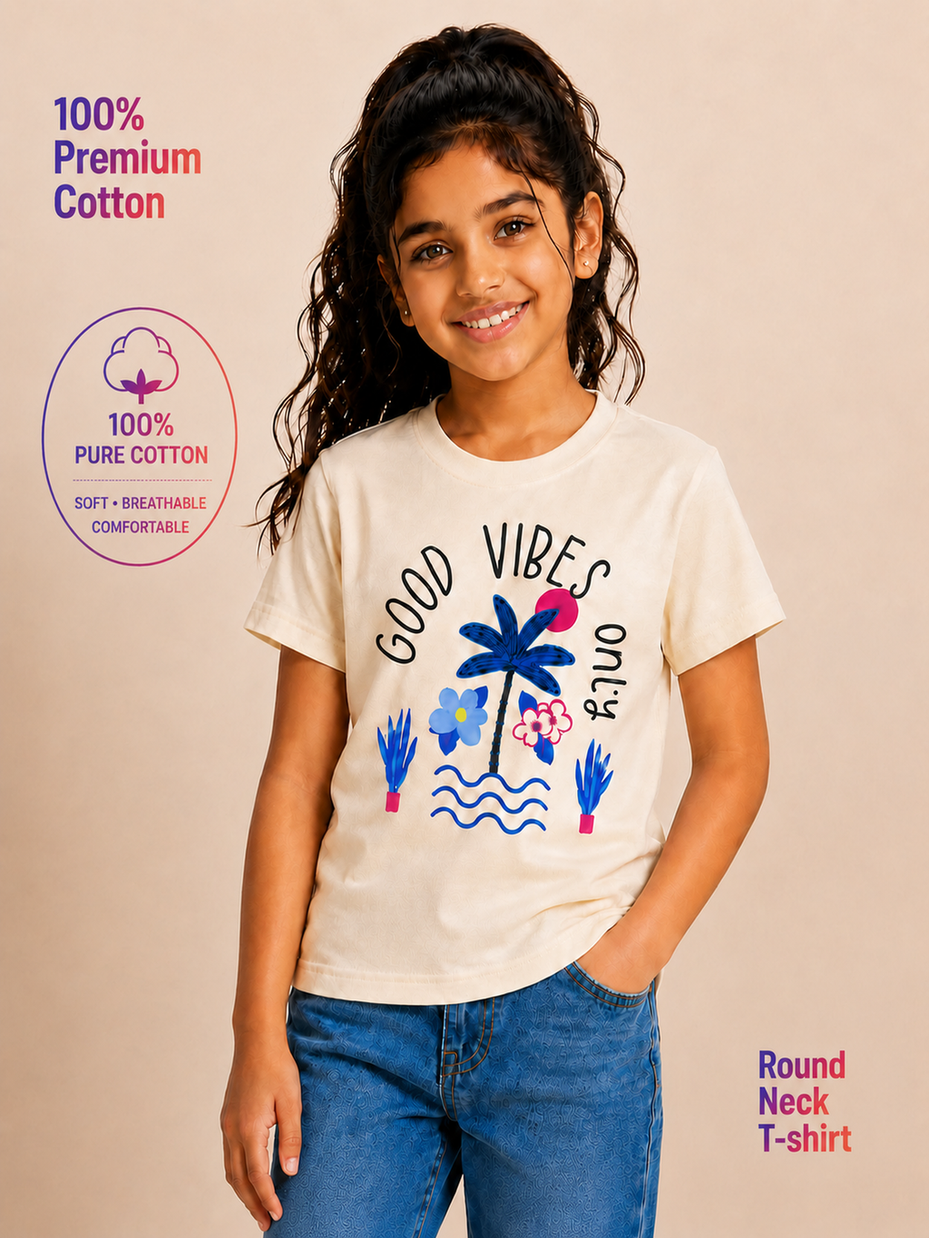 Organic Cotton Crew Neck With Normal Print And Fabric Patch Beige