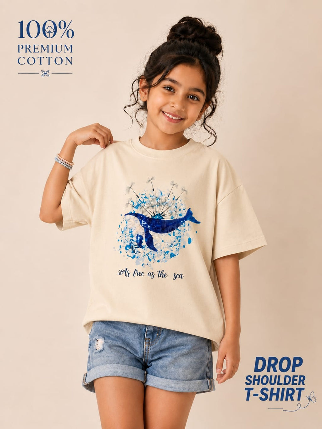 Organic Cotton Crew Neck With Normal Print And Sequence Cream