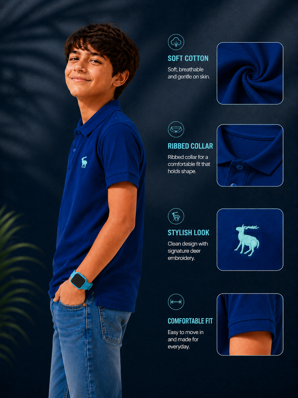 Polo With Contrast Placket And Emb Navy