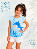 Organic Cotton Crew Neck With Normal Print And Fabric Patch Blue