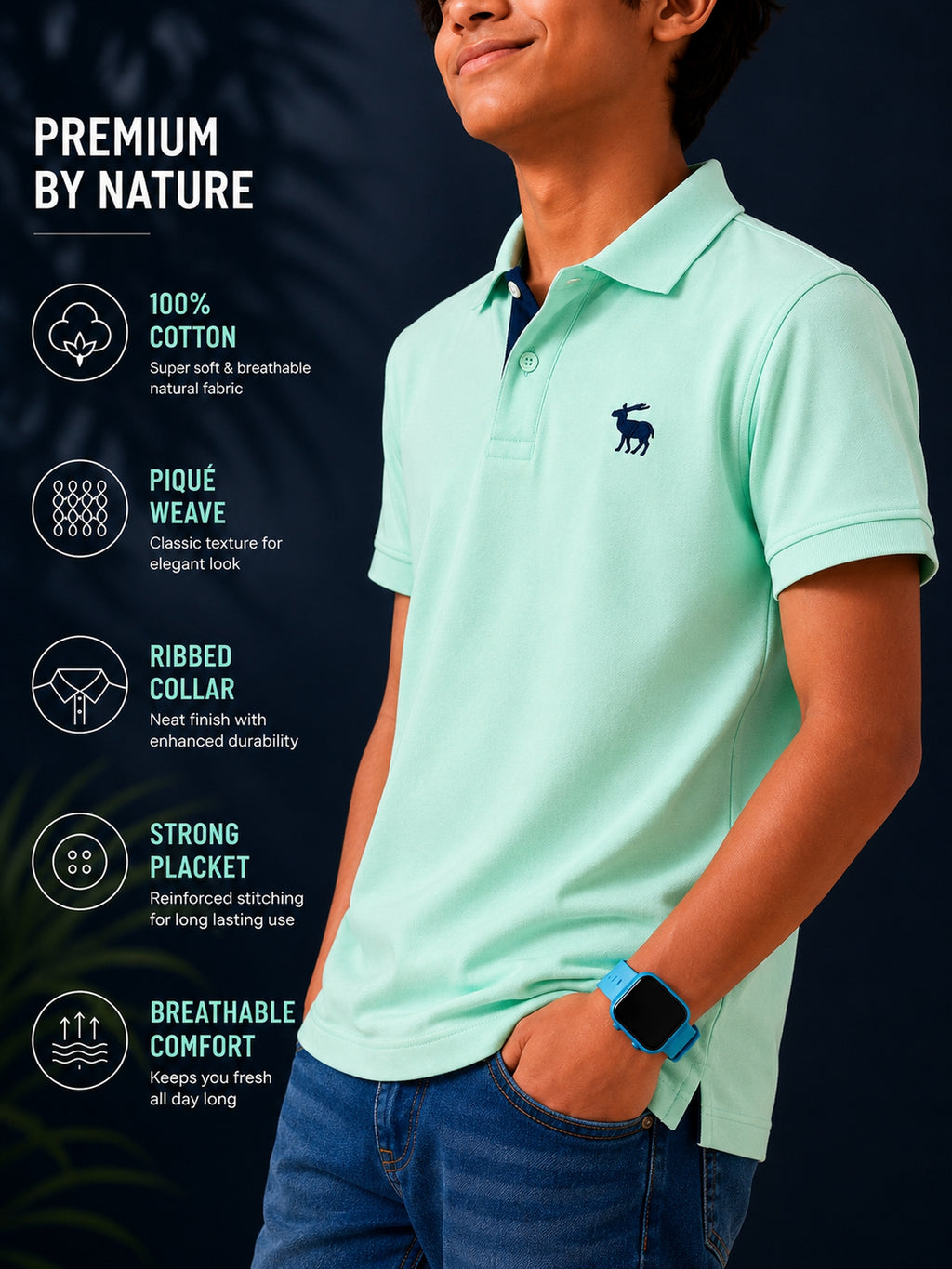 Polo With Contrast Placket And Emb Pista Green