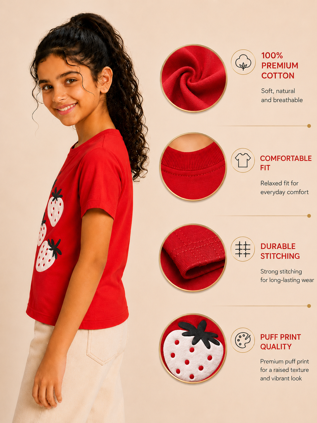 Organic Cotton Crew Neck With Puff Print Red