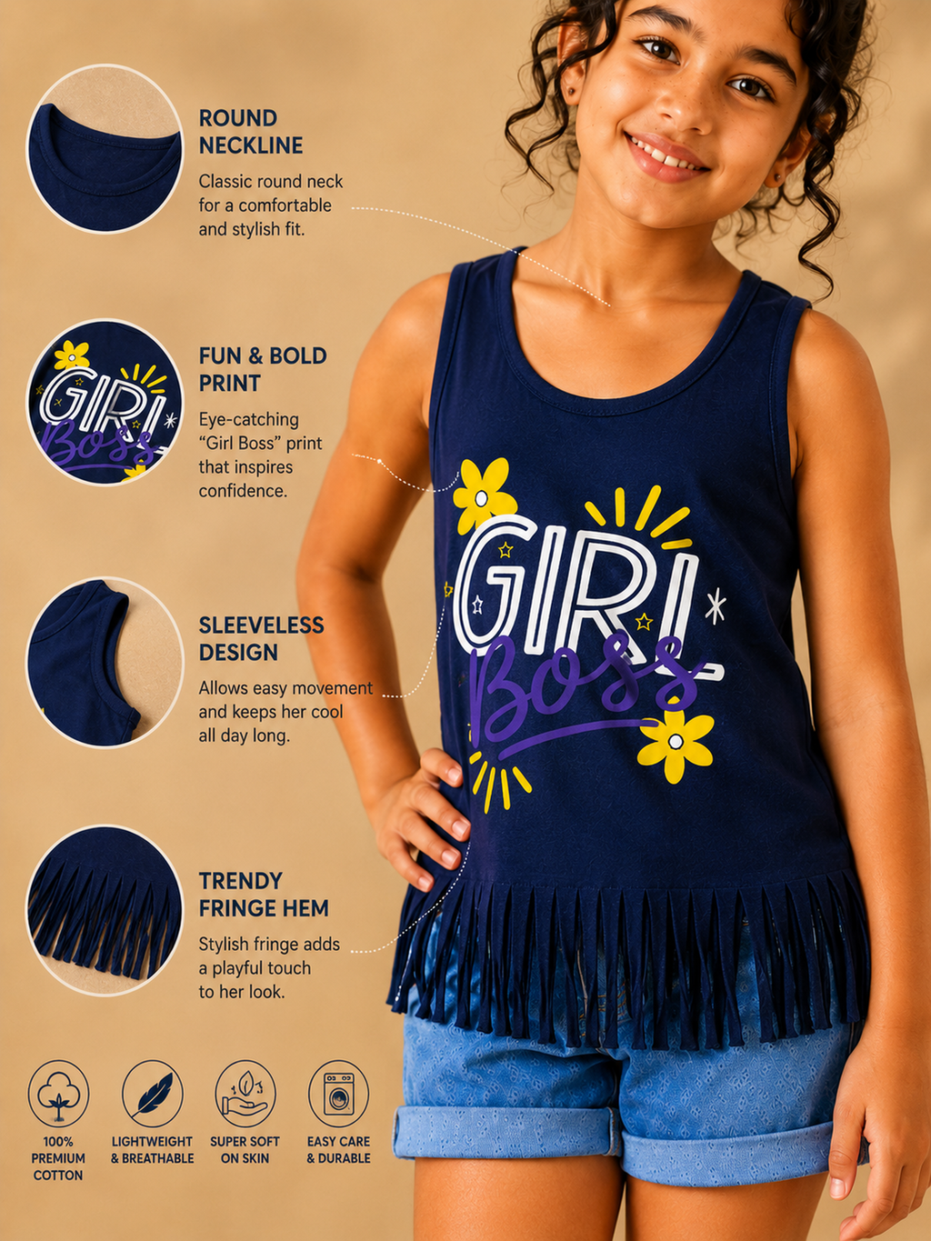 Organic Cotton Tank Top With Normal Print Navy