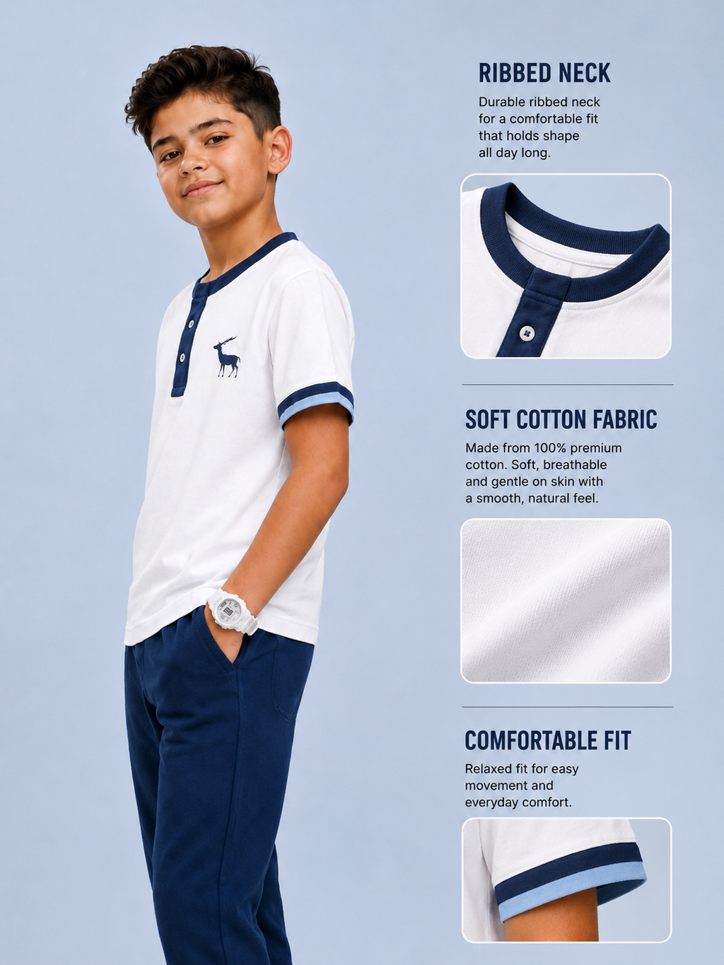 Organic Cotton Henly Neck With Contrast Placket And Emb Cloud Dancer