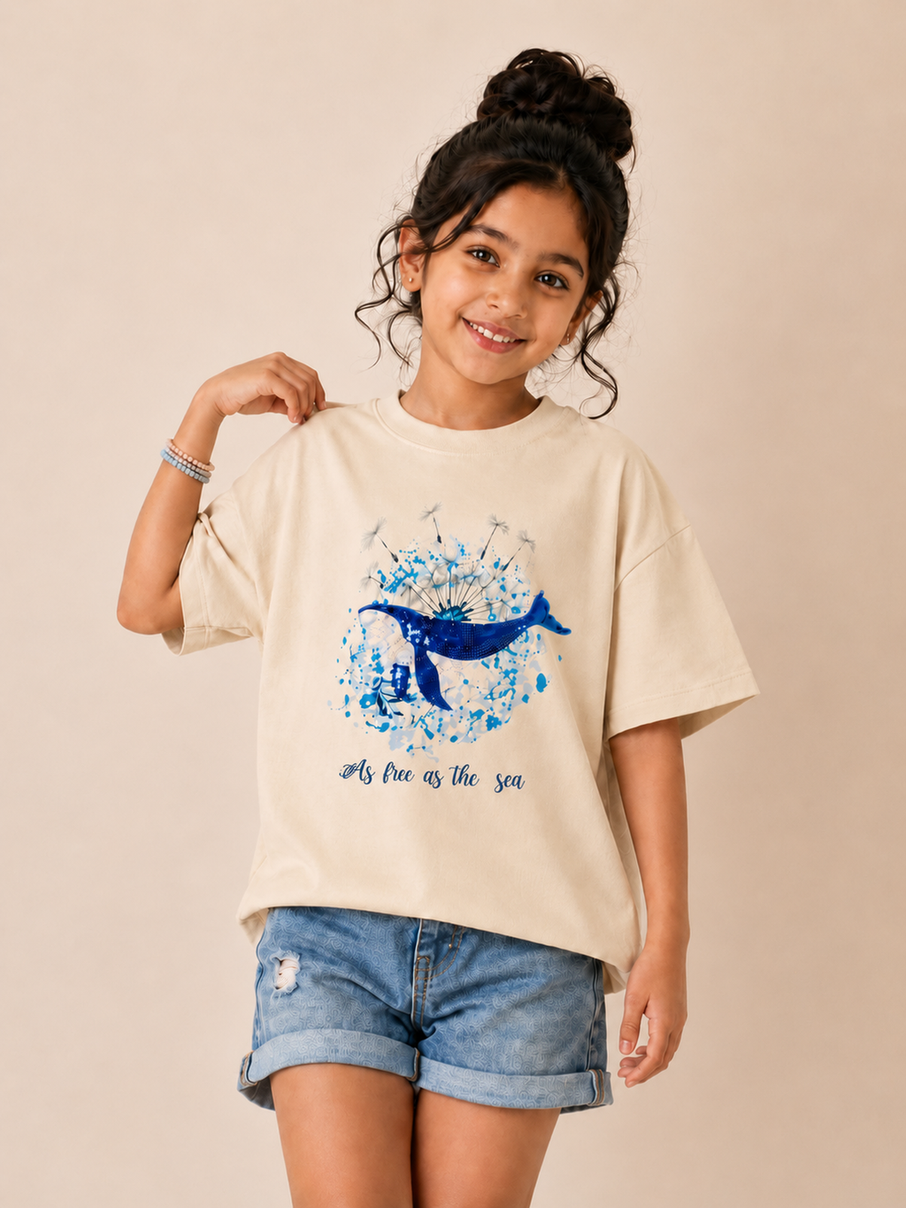 Organic Cotton Crew Neck With Normal Print And Sequence Cream