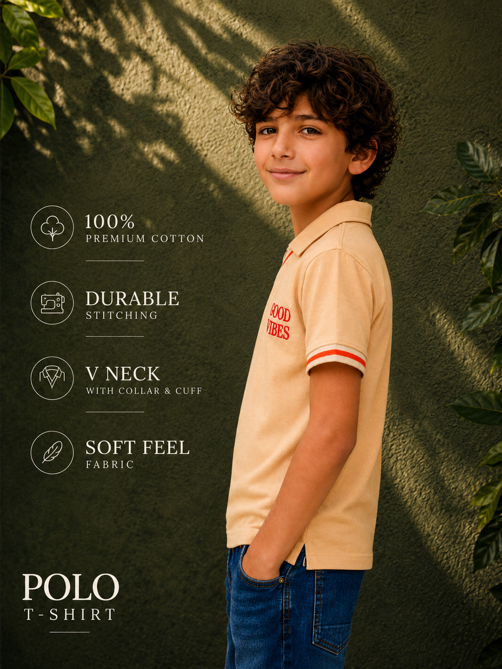 Organic Cotton V Neckpolo With Tipping Placket And Cuff With Emb Cream
