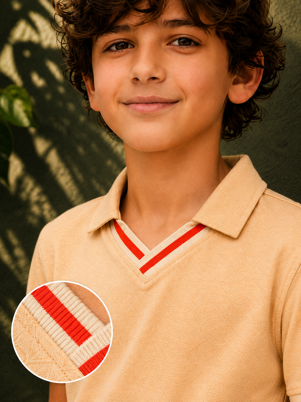 Organic Cotton V Neckpolo With Tipping Placket And Cuff With Emb Cream