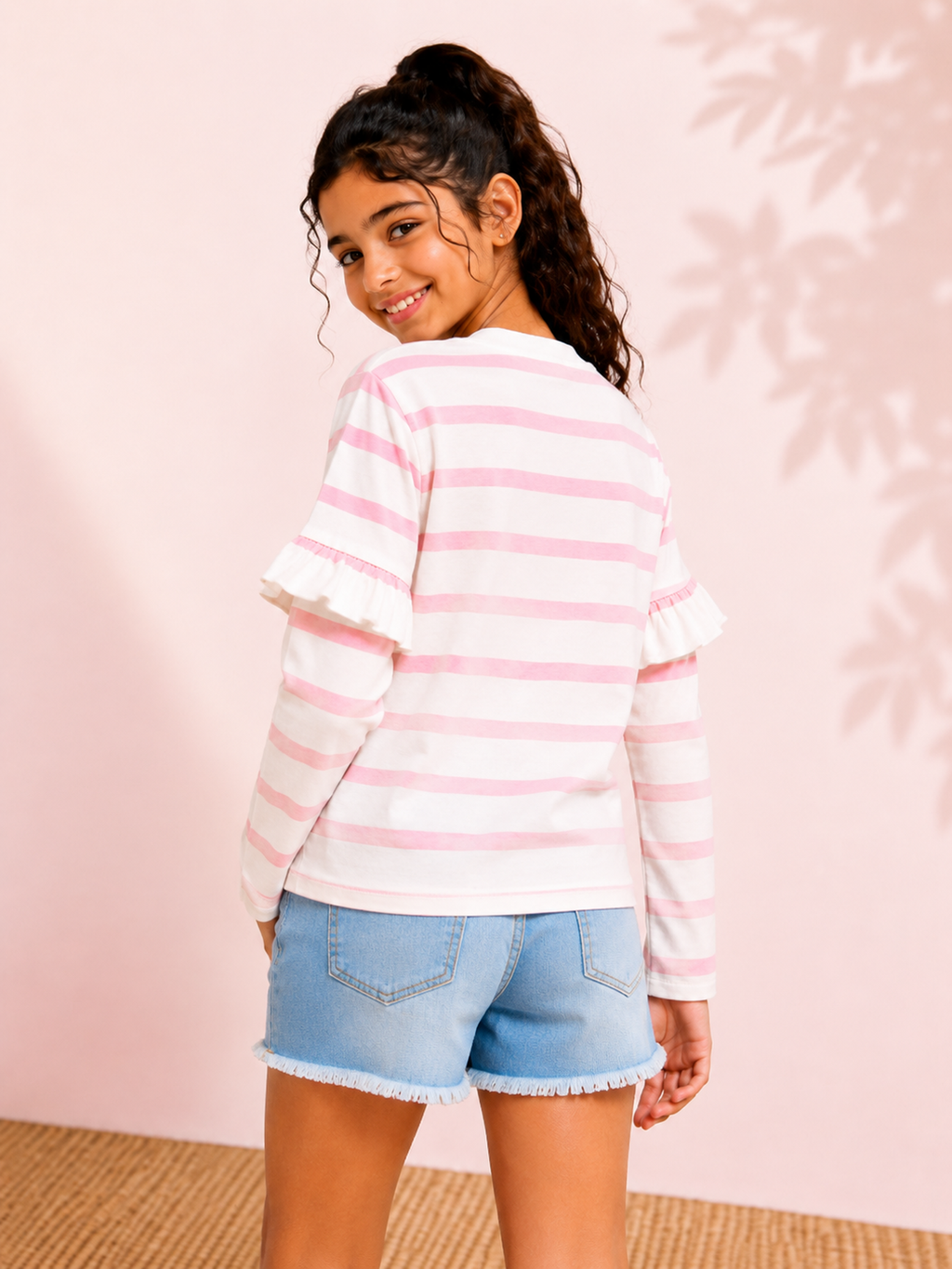 Organic Cotton Crew Neck Y/D With Firel And Puff Print Pink