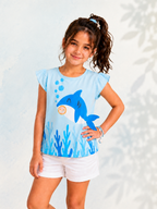 Organic Cotton Crew Neck With Normal Print And Fabric Patch Blue