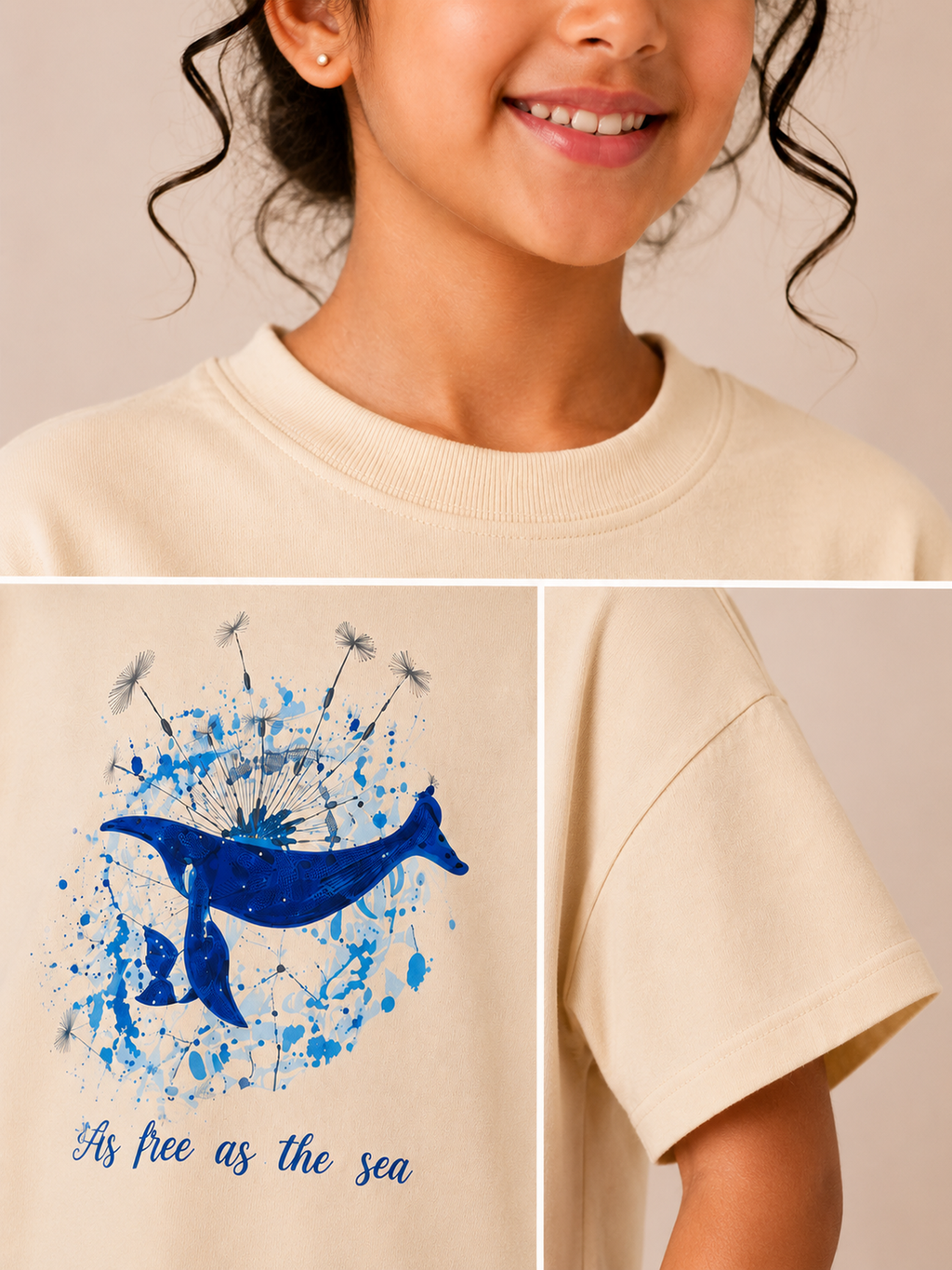 Organic Cotton Crew Neck With Normal Print And Sequence Cream