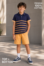 Organic Cotton Co Ords With Stripes Print T Shirt Navy