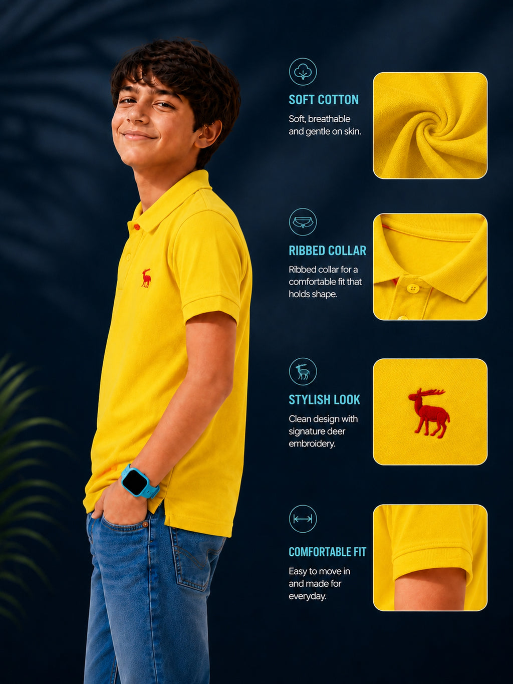 Polo With Contrast Placket And Emb Yellow