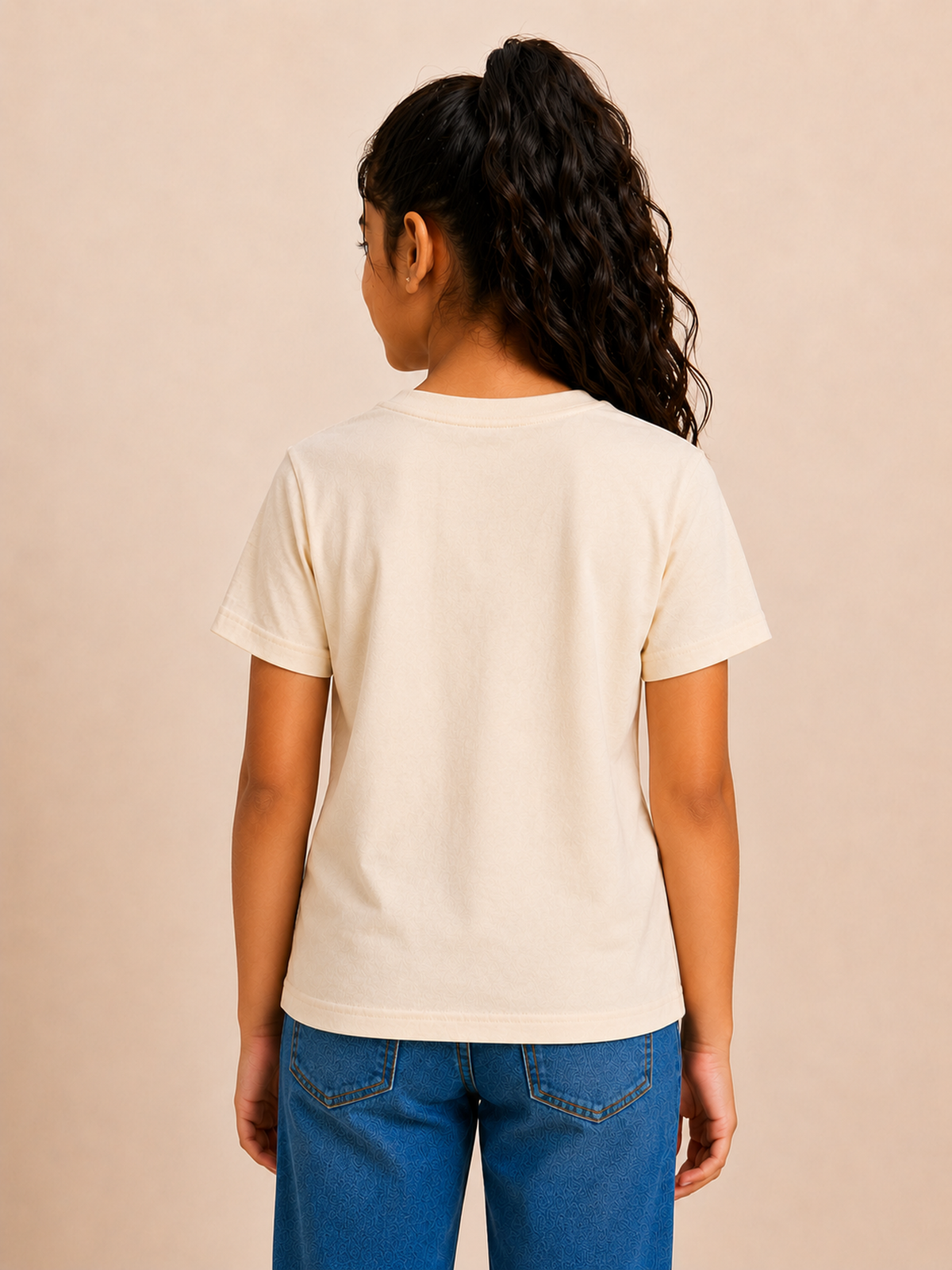 Organic Cotton Crew Neck With Normal Print And Fabric Patch Beige