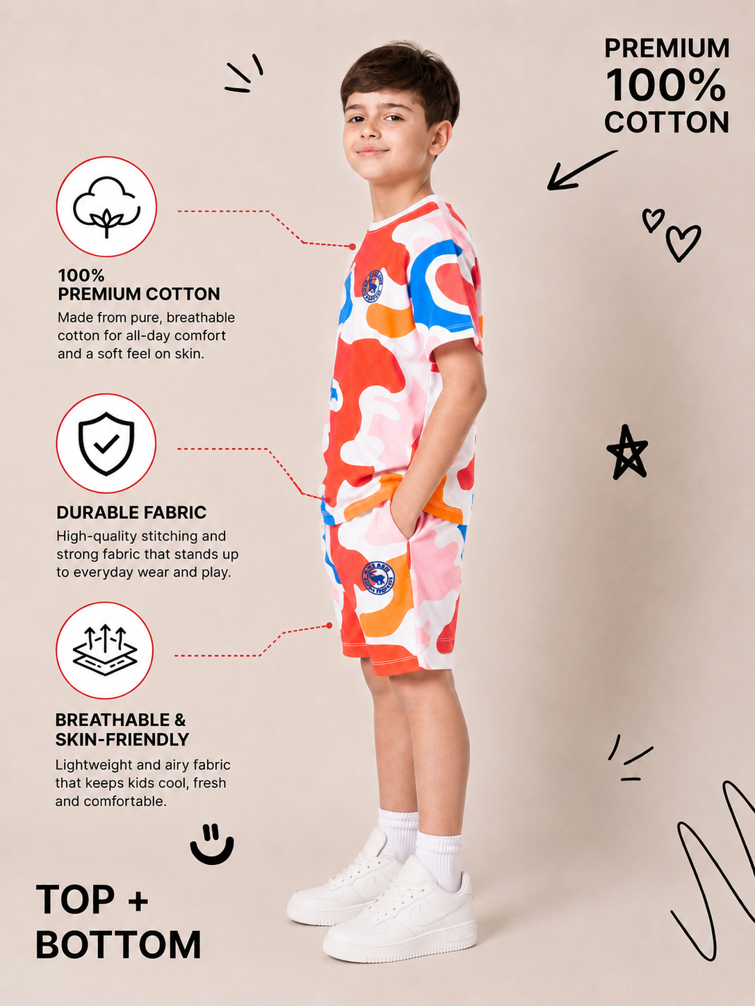 Organic Cotton Co Ords With Aop Print With Rubber Bagde Cloud Dancer