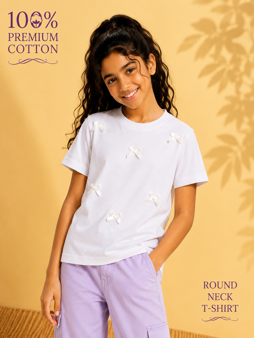 Organic Cotton Crew Neck With Bow White