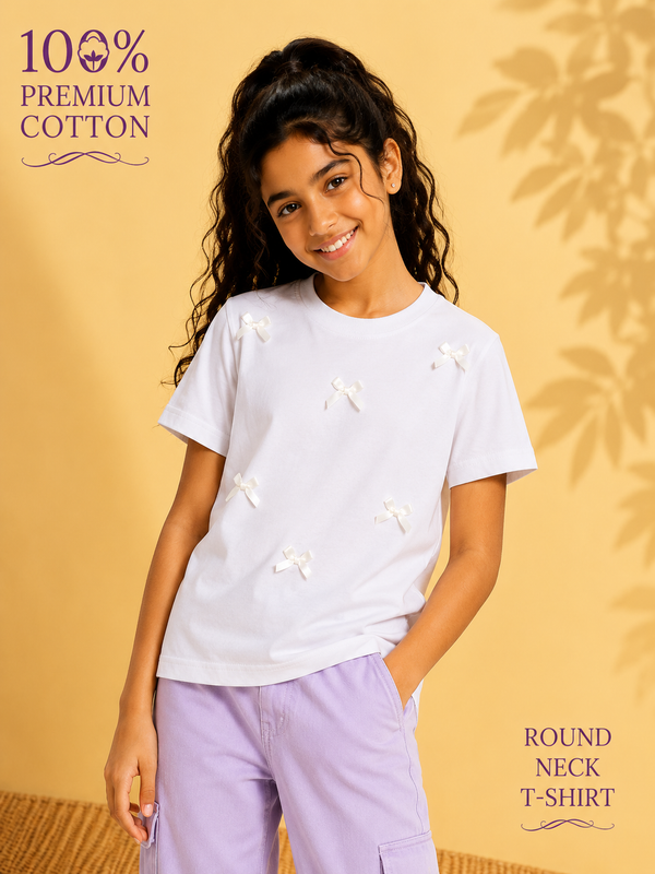 Organic Cotton Crew Neck With Bow White