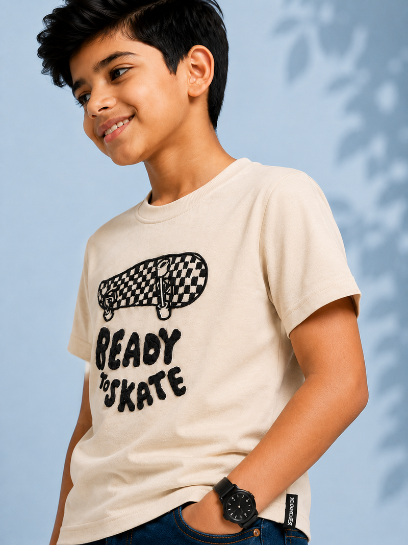 Organic Cotton Crew Neck With Contrast Emb Beige