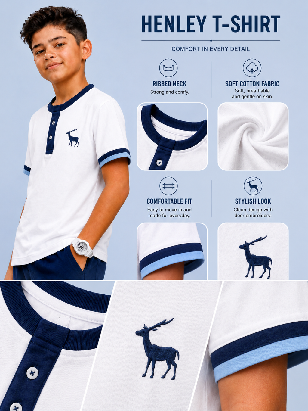 Organic Cotton Henly Neck With Contrast Placket And Emb Cloud Dancer