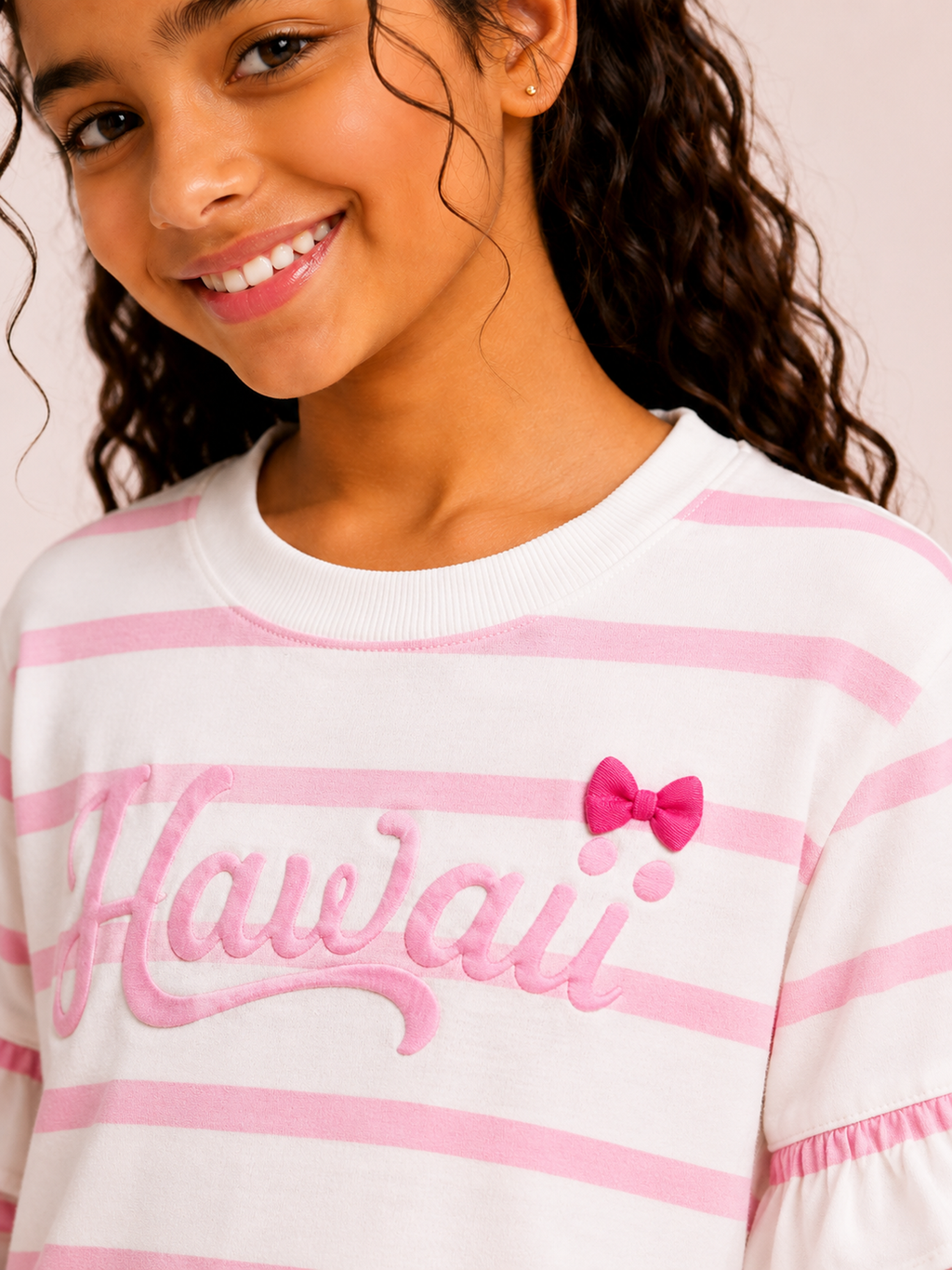 Organic Cotton Crew Neck Y/D With Firel And Puff Print Pink