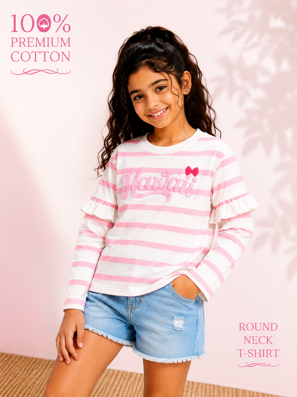 Organic Cotton Crew Neck Y/D With Firel And Puff Print Pink