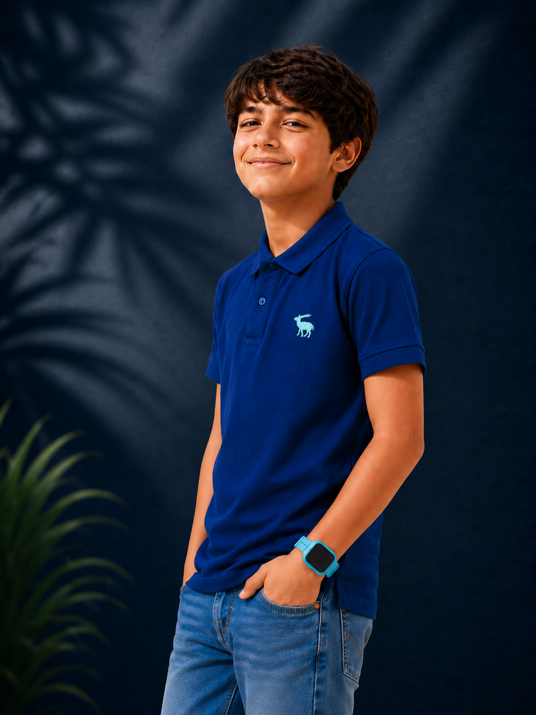Polo With Contrast Placket And Emb Navy