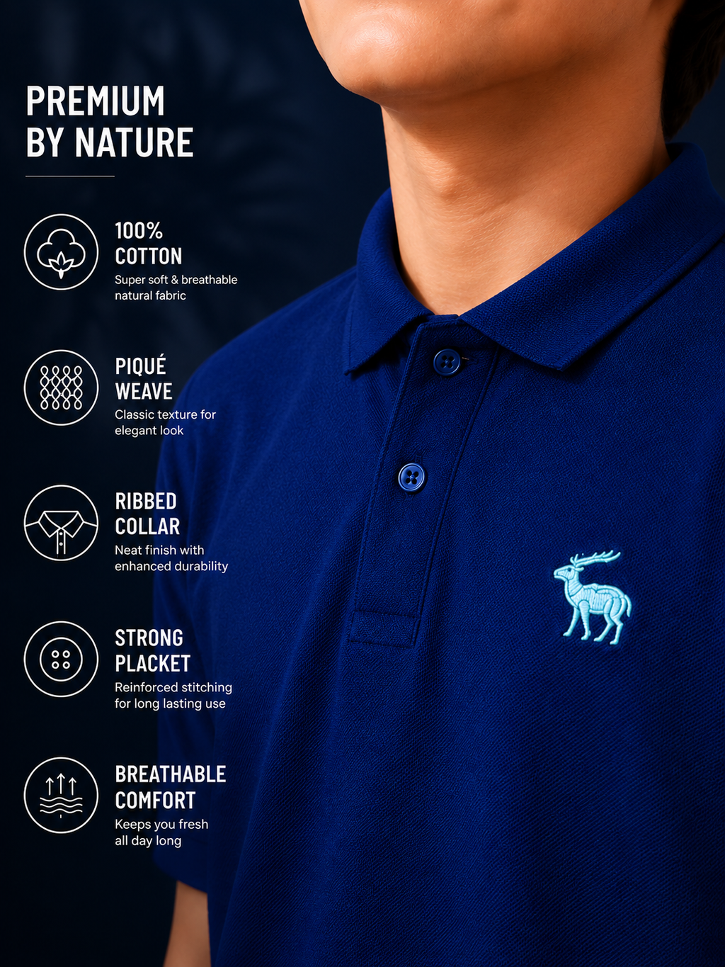 Polo With Contrast Placket And Emb Navy