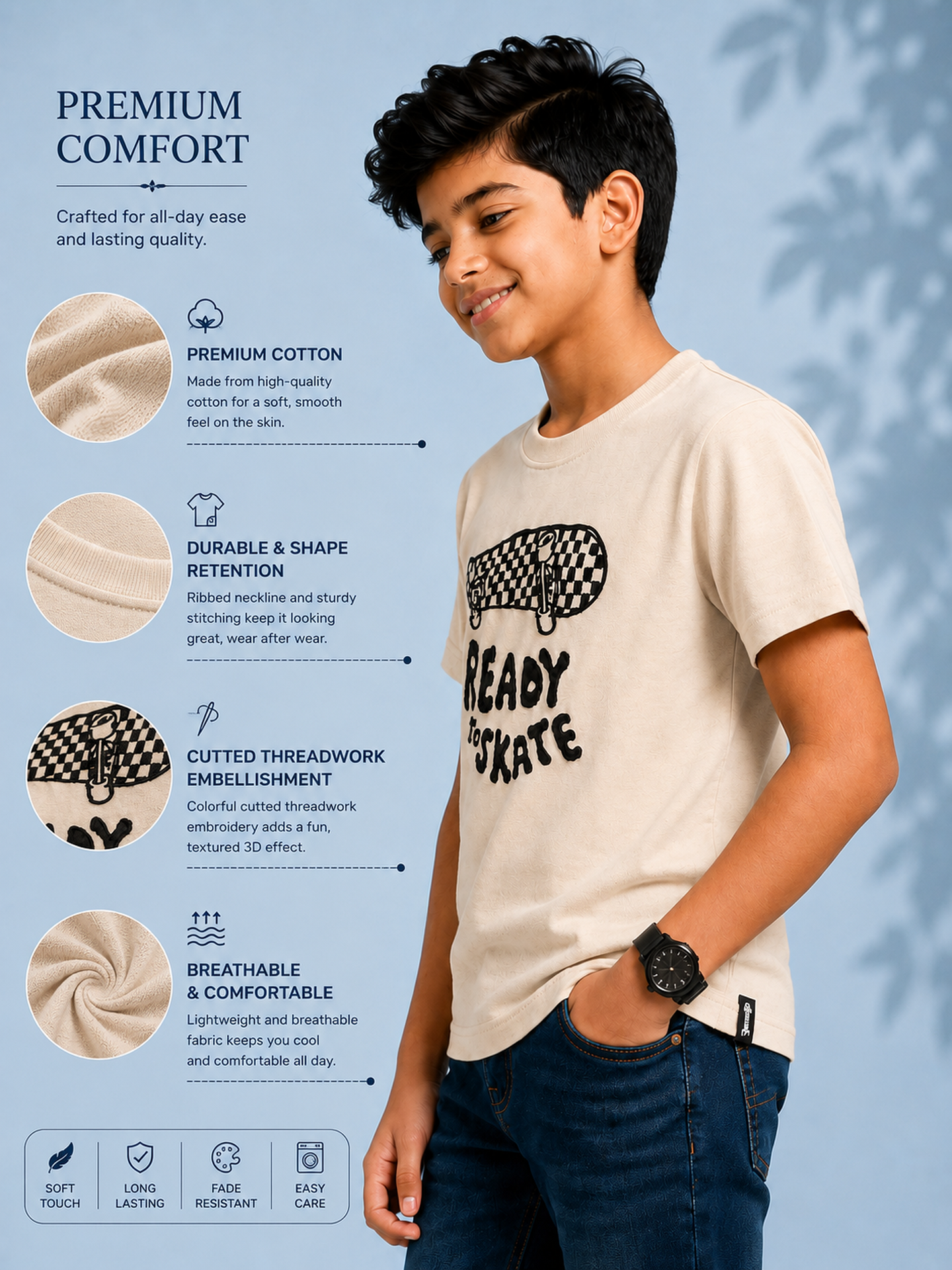 Organic Cotton Crew Neck With Contrast Emb Beige