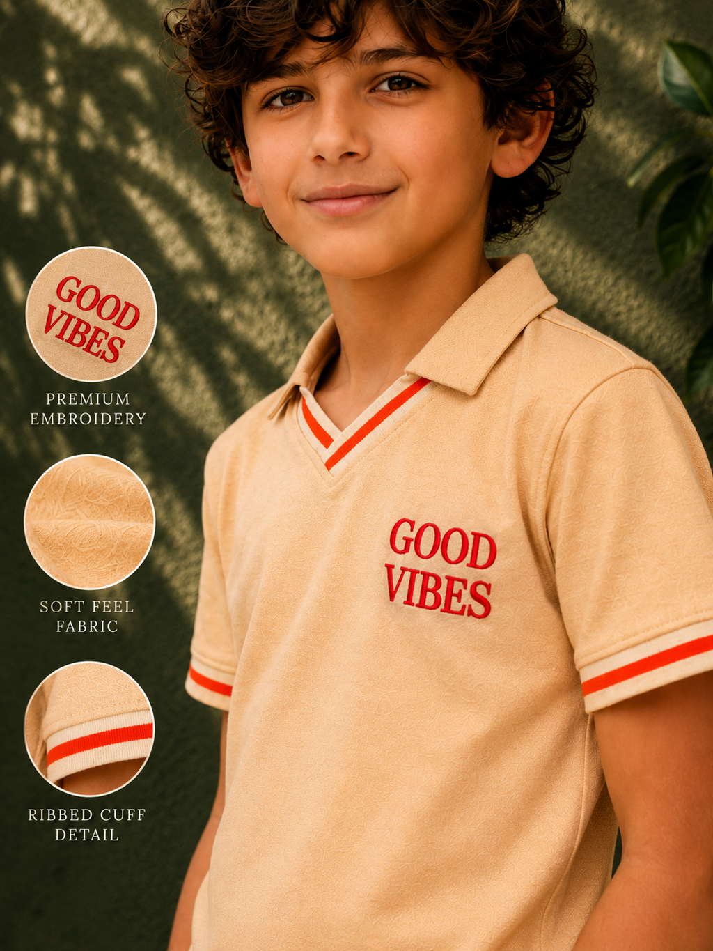 Organic Cotton V Neckpolo With Tipping Placket And Cuff With Emb Cream