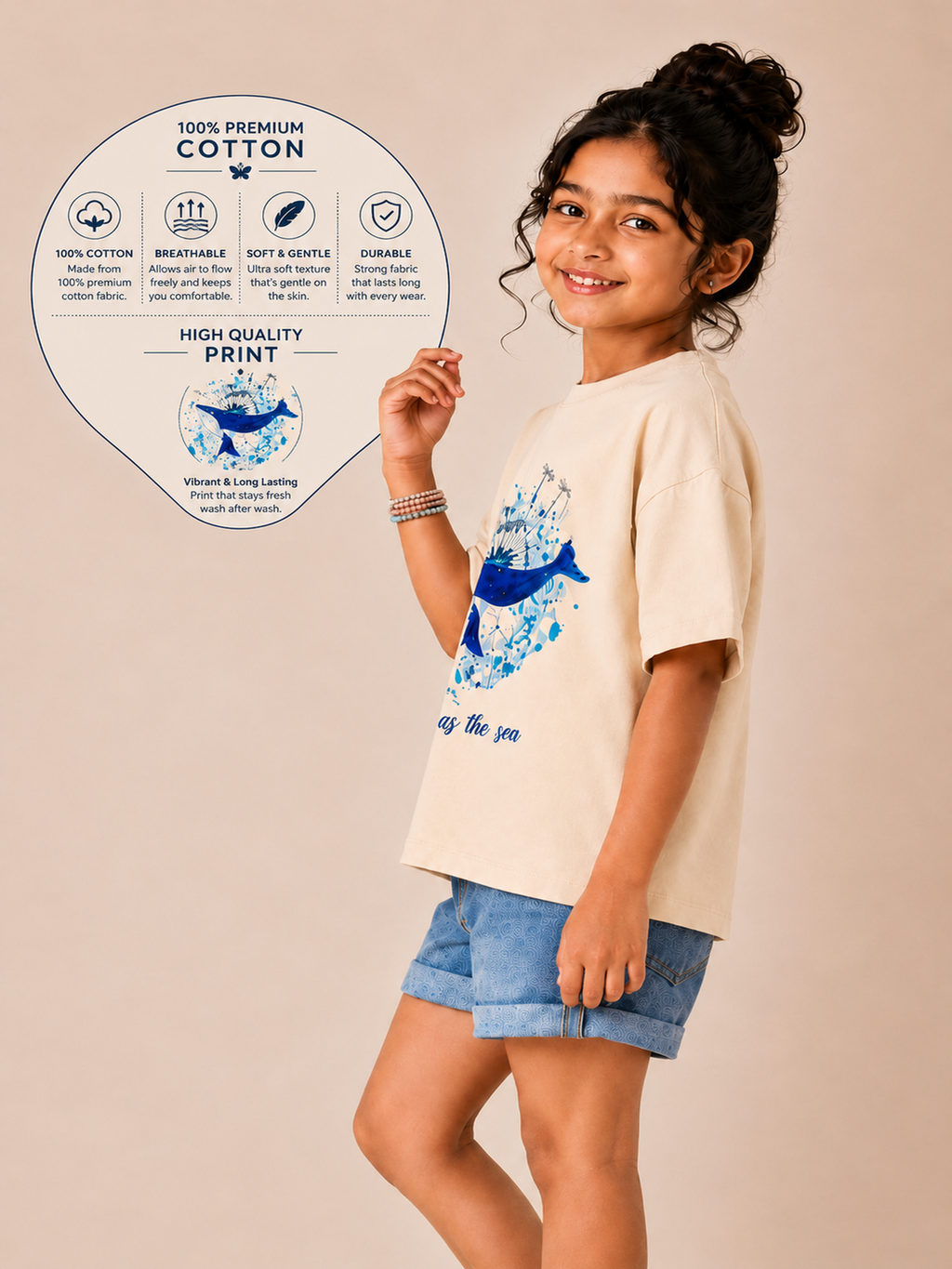 Organic Cotton Crew Neck With Normal Print And Sequence Cream
